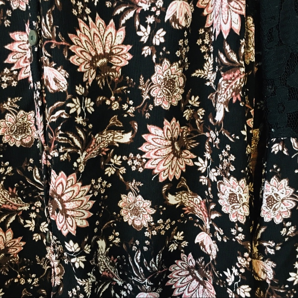 KNOX ROSE Boho Bell Sleeve Black Pink Floral Lace Button Down Top Women’s Small - Picture 6 of 14